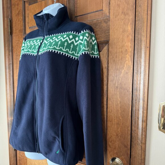 Nautica Navy Blue & Green w/Anchors Zip-Up Fleece Large - Picture 8 of 13